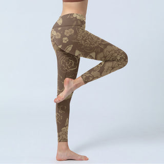 Buddha Gift Peony Flowers Leaves Blossom Print Gym Fitness Leggings Women's Yoga Pants