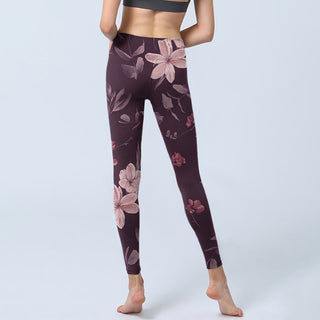 Buddha Gift Purple White Flowers Leaves Blossom Print Gym Fitness Leggings Women's Yoga Pants