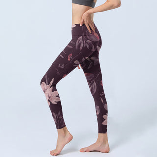 Buddha Gift Purple White Flowers Leaves Blossom Print Gym Fitness Leggings Women's Yoga Pants
