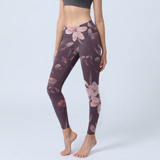 Buddha Gift Purple White Flowers Leaves Blossom Print Gym Fitness Leggings Women's Yoga Pants