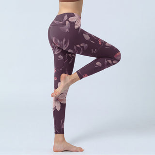 Buddha Gift Purple White Flowers Leaves Blossom Print Gym Fitness Leggings Women's Yoga Pants