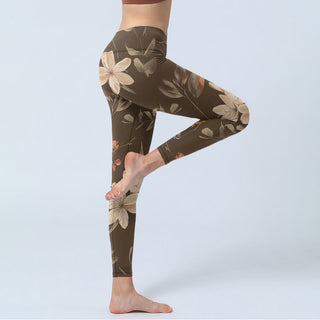 Buddha Gift Purple White Flowers Leaves Blossom Print Gym Fitness Leggings Women's Yoga Pants