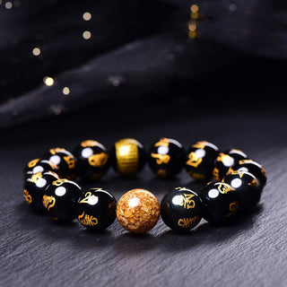 Buddha Gift Six True Words Om Mani Padme Hum Rainbow Obsidian Gold Foil Creativity Bracelet