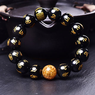 Buddha Gift Six True Words Om Mani Padme Hum Rainbow Obsidian Gold Foil Creativity Bracelet
