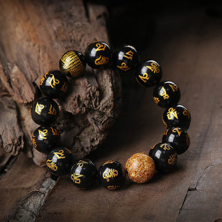 Buddha Gift Six True Words Om Mani Padme Hum Rainbow Obsidian Gold Foil Creativity Bracelet