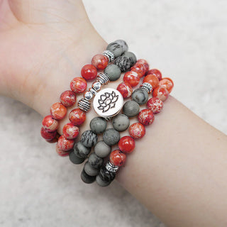 Buddha Gift 108 Mala Beads Natural Stone Sea Sediment Jasper Lotus Protection Bracelet