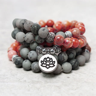 Buddha Gift 108 Mala Beads Natural Stone Sea Sediment Jasper Lotus Protection Bracelet