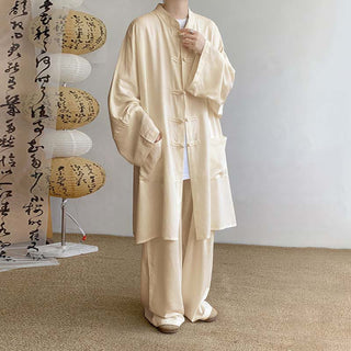 Buddha Gift 2Pcs Men's Long Sleeve Frog-Button Shirt Pants Meditation Zen Cotton Clothing Set