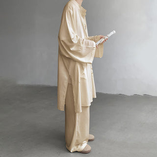 Buddha Gift 2Pcs Men's Long Sleeve Frog-Button Shirt Pants Meditation Zen Cotton Clothing Set