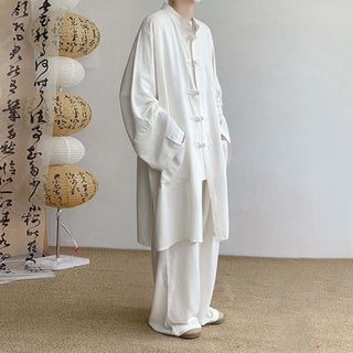 Buddha Gift 2Pcs Men's Long Sleeve Frog-Button Shirt Pants Meditation Zen Cotton Clothing Set