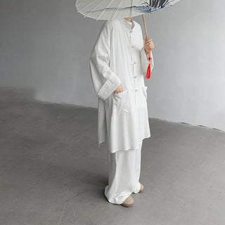 Buddha Gift 2Pcs Men's Long Sleeve Frog-Button Shirt Pants Meditation Zen Cotton Clothing Set