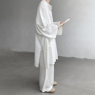 Buddha Gift 2Pcs Men's Long Sleeve Frog-Button Shirt Pants Meditation Zen Cotton Clothing Set