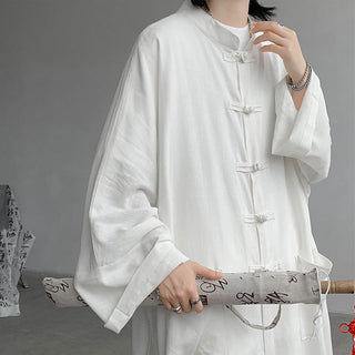 Buddha Gift 2Pcs Men's Long Sleeve Frog-Button Shirt Pants Meditation Zen Cotton Clothing Set