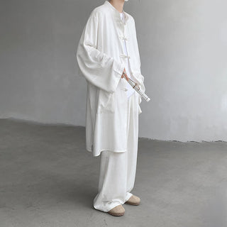 Buddha Gift 2Pcs Men's Long Sleeve Frog-Button Shirt Pants Meditation Zen Cotton Clothing Set