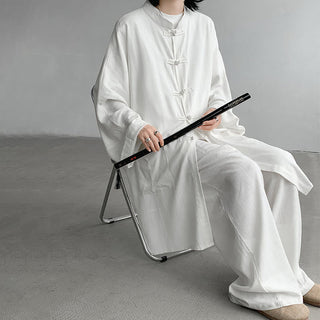 Buddha Gift 2Pcs Men's Long Sleeve Frog-Button Shirt Pants Meditation Zen Cotton Clothing Set