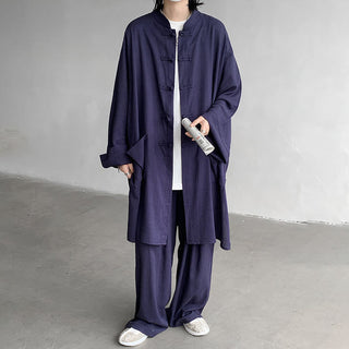 Buddha Gift 2Pcs Men's Long Sleeve Frog-Button Shirt Pants Meditation Zen Cotton Clothing Set