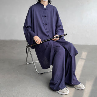 Buddha Gift 2Pcs Men's Long Sleeve Frog-Button Shirt Pants Meditation Zen Cotton Clothing Set