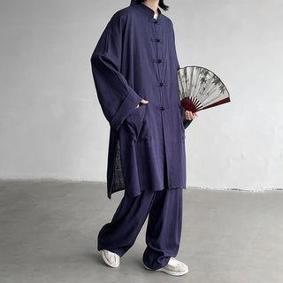 Buddha Gift 2Pcs Men's Long Sleeve Frog-Button Shirt Pants Meditation Zen Cotton Clothing Set