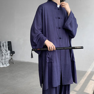 Buddha Gift 2Pcs Men's Long Sleeve Frog-Button Shirt Pants Meditation Zen Cotton Clothing Set