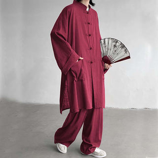 Buddha Gift 2Pcs Men's Long Sleeve Frog-Button Shirt Pants Meditation Zen Cotton Clothing Set