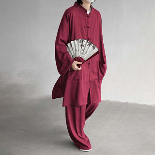 Buddha Gift 2Pcs Men's Long Sleeve Frog-Button Shirt Pants Meditation Zen Cotton Clothing Set