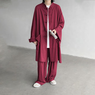 Buddha Gift 2Pcs Men's Long Sleeve Frog-Button Shirt Pants Meditation Zen Cotton Clothing Set