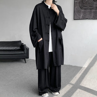 Buddha Gift 2Pcs Men's Long Sleeve Frog-Button Shirt Pants Meditation Zen Cotton Clothing Set