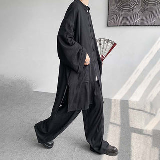 Buddha Gift 2Pcs Men's Long Sleeve Frog-Button Shirt Pants Meditation Zen Cotton Clothing Set