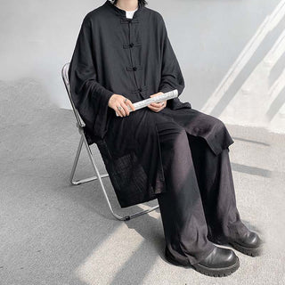 Buddha Gift 2Pcs Men's Long Sleeve Frog-Button Shirt Pants Meditation Zen Cotton Clothing Set