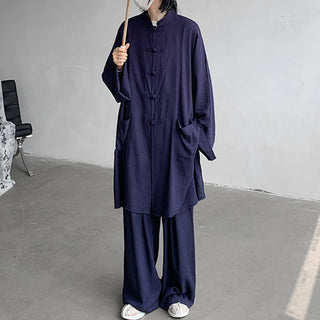 Buddha Gift 2Pcs Men's Long Sleeve Frog-Button Shirt Pants Meditation Zen Cotton Clothing Set