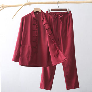 Buddha Gift 2Pcs Tang Suit Traditional Frog-Button Men's Long Sleeve Shirt Pants Clothing Set