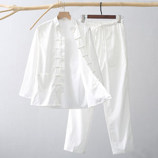 Buddha Gift 2Pcs Tang Suit Traditional Frog-Button Men's Long Sleeve Shirt Pants Clothing Set