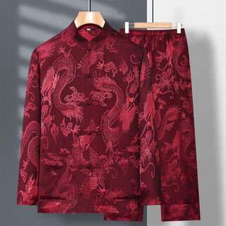 Buddha Gift 2Pcs Tang Suit Dragon Frog-Button Men's Long Sleeve Shirt Pants Clothing Set
