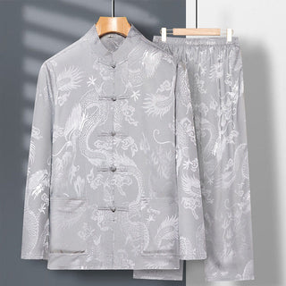 Buddha Gift 2Pcs Tang Suit Dragon Frog-Button Men's Long Sleeve Shirt Pants Clothing Set
