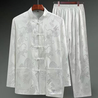 Buddha Gift 2Pcs Tang Suit Dragon Frog-Button Men's Long Sleeve Shirt Pants Clothing Set