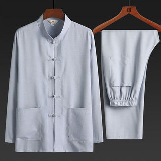 Buddha Gift 2Pcs Tang Suit Plain Color Frog-Button Men's Long Sleeve Shirt Pants Set