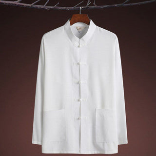 Buddha Gift 2Pcs Tang Suit Plain Color Frog-Button Men's Long Sleeve Shirt Pants Set