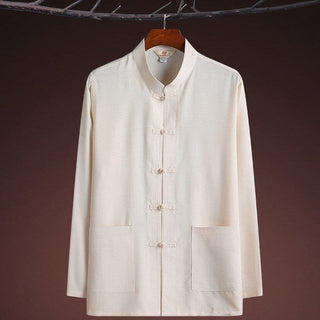 Buddha Gift 2Pcs Tang Suit Plain Color Frog-Button Men's Long Sleeve Shirt Pants Set