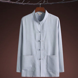 Buddha Gift 2Pcs Tang Suit Plain Color Frog-Button Men's Long Sleeve Shirt Pants Set