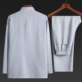 Buddha Gift 2Pcs Tang Suit Plain Color Frog-Button Men's Long Sleeve Shirt Pants Set