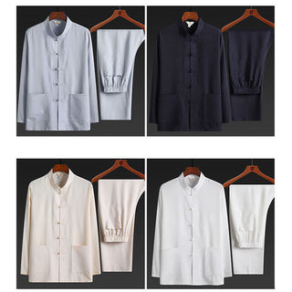 Buddha Gift 2Pcs Tang Suit Plain Color Frog-Button Men's Long Sleeve Shirt Pants Set