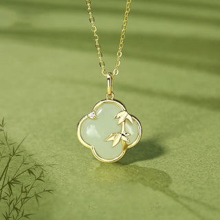 Buddha Gift Hetian Jade 925 Sterling Silver Four Leaf Clover Bamboo Growth Necklace Pendant