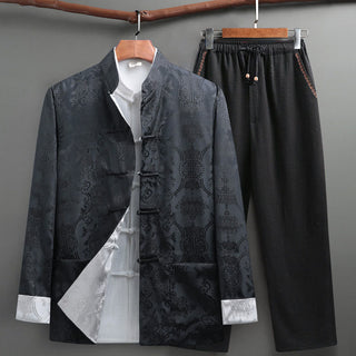 Buddha Gift 2Pcs Men's Tang Suit Koi Fish Pattern Frog-Button Long Sleeve Shirt Pants Set