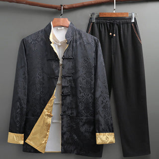 Buddha Gift 2Pcs Men's Tang Suit Koi Fish Pattern Frog-Button Long Sleeve Shirt Pants Set