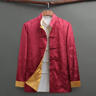 Buddha Gift 2Pcs Men's Tang Suit Koi Fish Pattern Frog-Button Long Sleeve Shirt Pants Set