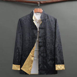 Buddha Gift 2Pcs Men's Tang Suit Koi Fish Pattern Frog-Button Long Sleeve Shirt Pants Set