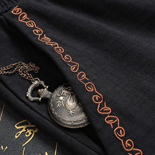 Buddha Gift 2Pcs Men's Tang Suit Koi Fish Pattern Frog-Button Long Sleeve Shirt Pants Set