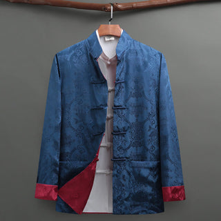 Buddha Gift 2Pcs Men's Tang Suit Koi Fish Pattern Frog-Button Long Sleeve Shirt Pants Set