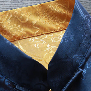 Buddha Gift 2Pcs Men's Tang Suit Koi Fish Pattern Frog-Button Long Sleeve Shirt Pants Set