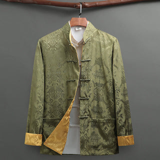 Buddha Gift 2Pcs Men's Tang Suit Koi Fish Pattern Frog-Button Long Sleeve Shirt Pants Set